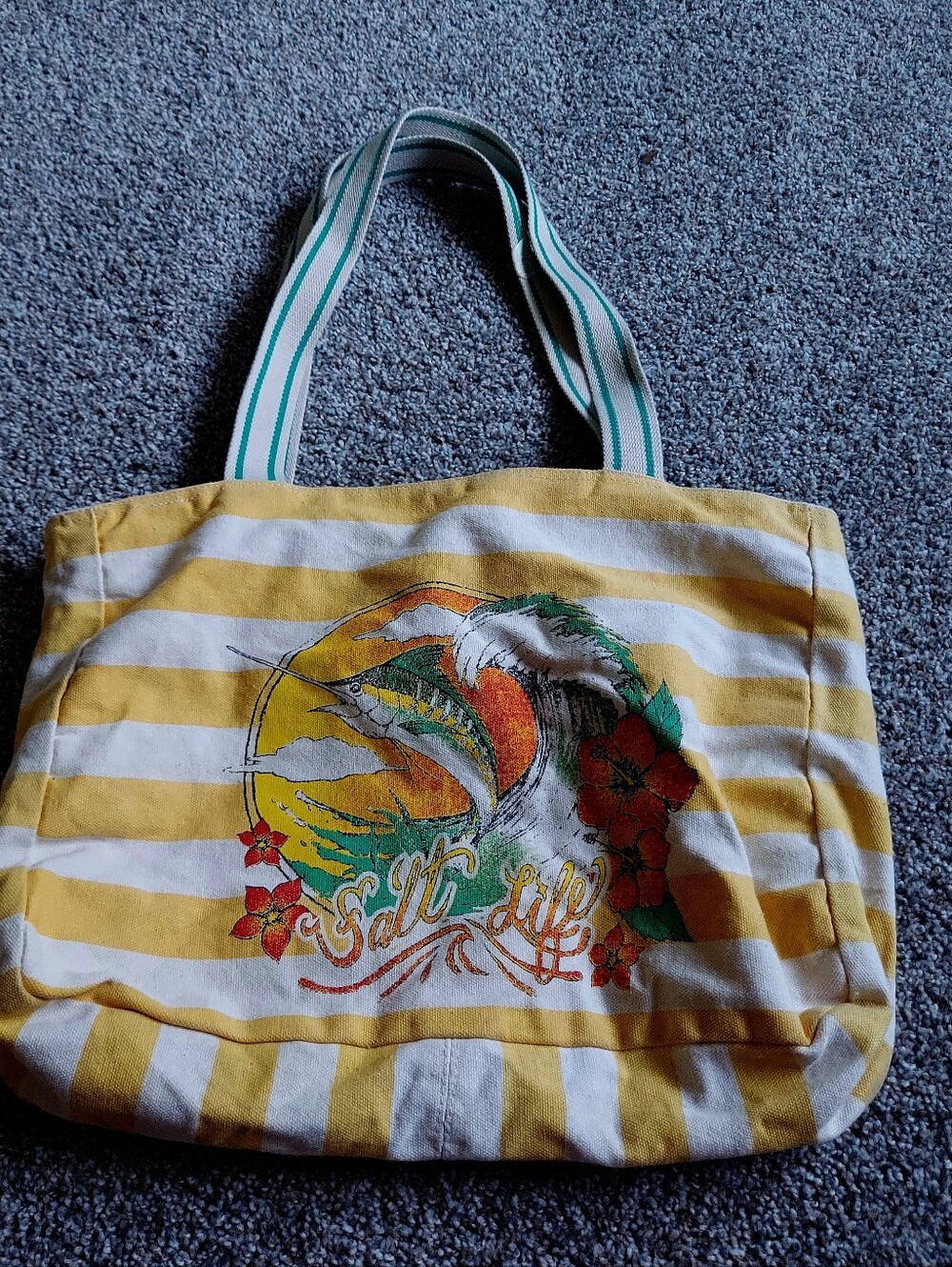 Yellow & White Striped Canvas Tote with Tropical Fish Graphic